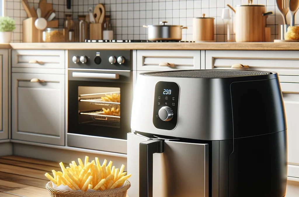 az airfryer használatát egy modern konyhában, kiemelve az egészségesebb főzési alternatívák kényelmét és modernitását.