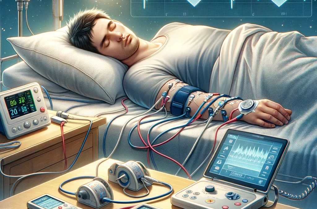 A kép bemutatja az alvási apnoe diagnosztizálásának folyamatát, egy alvásvizsgálat keretében, ahol a páciens különböző monitorozó eszközökhöz csatlakoztatva alszik egy kényelmes, klinikai környezetben.