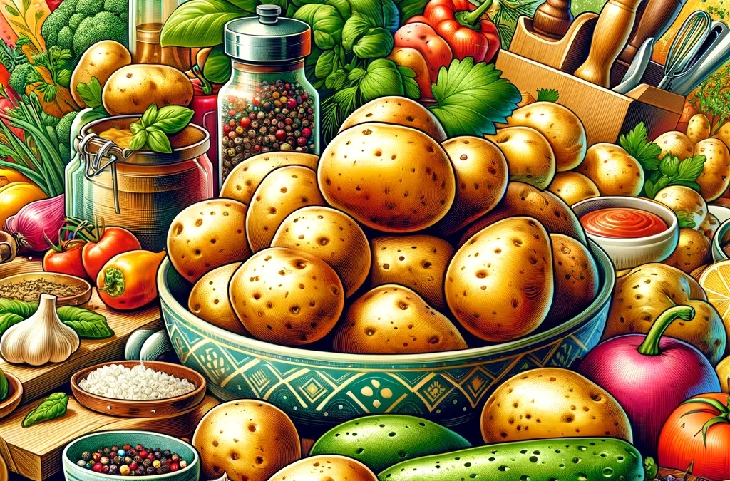 A képen egy élénk és színes illusztráció látható, amely különböző alakú és méretű krumplikat ábrázol, körülöttük egészséges hozzávalókkal, mint például gyógynövények, fűszerek és zöldségek. A jelenet egy világos, meghívó konyhai környezetben játszódik, kiemelve a krumpli szerepét egy tápláló és kiegyensúlyozott étrendben. Az illusztráció megörökíti a krumpli egészséges elkészítésének lényegét, mint a főzés, sütés és párolás, a krumplik természetes szépségére és sokféleségére összpontosítva. A háttérben konyhai eszközök és edények láthatók, amelyek egy egészséges főzési folyamatot sugallnak, erősítve a cikk üzenetét a krumpli súlycsökkentő étrendbe való beillesztésének előnyeiről.